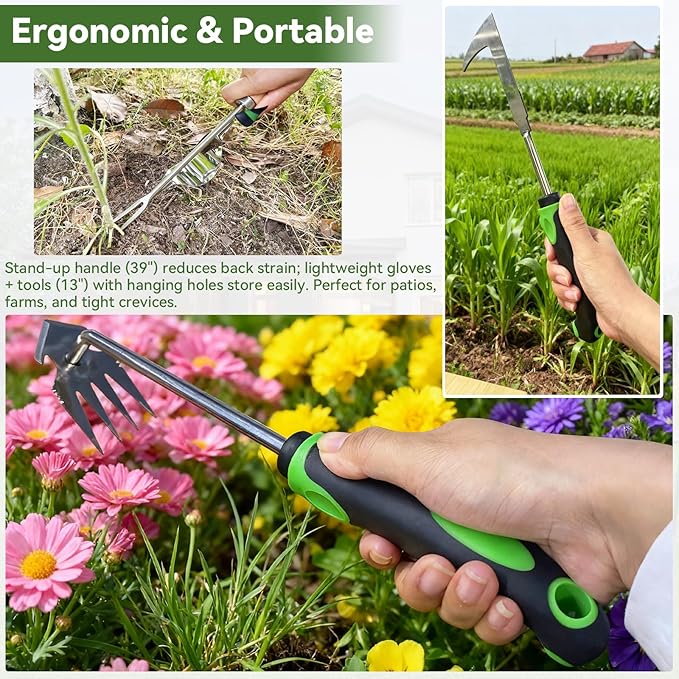 Stand Up Hand Weeding Tool Set, Heavy Duty Stainless Steel Weed Puller for Lawn & Garden with 4-Claw Digger, Crack Weeder and Ergonomic Rubber Handle Manual(3 Pcs)