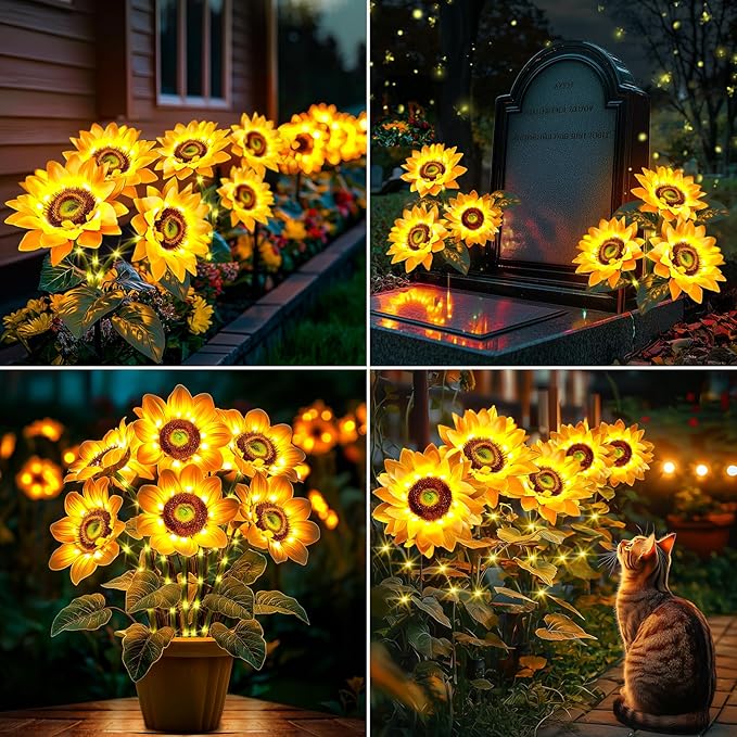 Sunflower Solar Lights Outdoor Decor: 3-Pack Artificial LED Solar Garden Lights with 3 Blooms Each - Waterproof Flower Lamp for Pathways Patio Yard Walkway Decorations for Women 2025