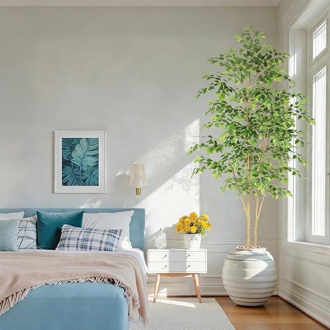 Tall UV Resistant Ficus Tree Artificial,8ft(96in) Realistic Texture Potted Faux Ficus Tree, Fake Trees Indoor Outdoor for Home Office Living Room Bedroom Foyer Porch Decor.
