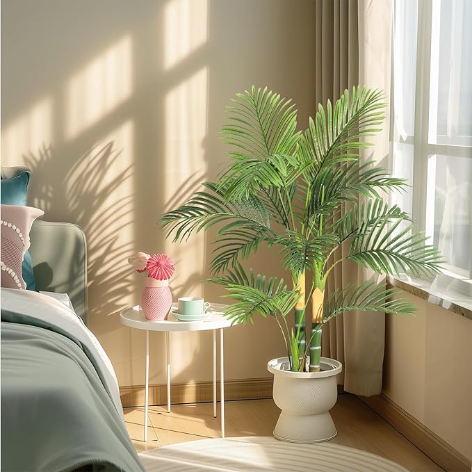 GarveeHome 2 PCS Artificial Palm Tree, 4FT Faux Plants Indoor with 14 Trunks - Faux Tropical Areca Floor Plant in Pot - Artificial Silk Plant for Indoor Outdoor Home Garden Patio Office Décor
