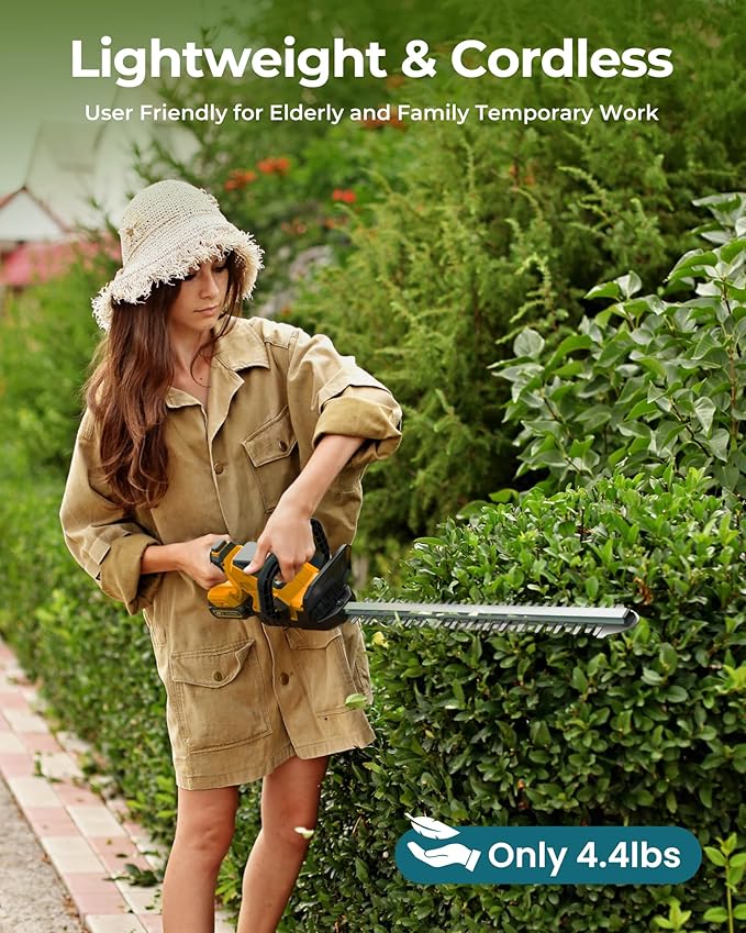 20'' Hedge Trimmer Cordless with Battery, 3000RPM Electric Handheld Bush Clipper with 2pcs 2000mAh Rechargeable Batteries, 180° Rotatable Head, 2/3'' Blade Gap Yellow