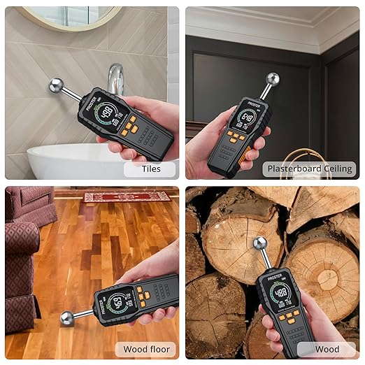 Proster Rechargeable Moisture Meter - Pinless Damp Meter for Walls with 2.4 inch Colour LCD Screen Sound Light Alarm Damp Detector Detects 5-40 mm Depth for Wood Building Cardboard Concrete