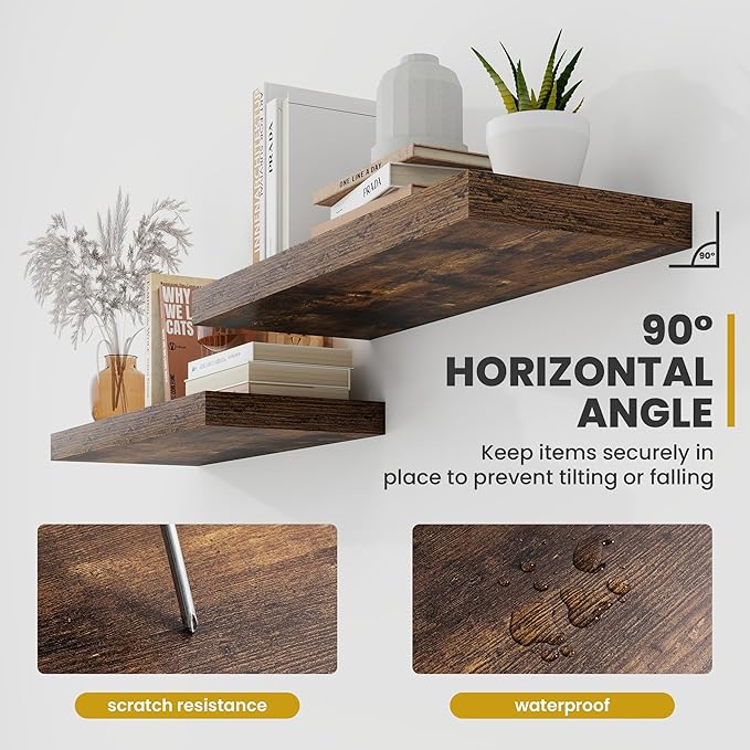 16 Inch Floating Shelves, 9.3" Deep Floating Shelf Wall Mounted, 16" Wall Shelves, Rustic Deep Bookshelf, Large Display Shelves & Storage Shelves for Bedroom, Living Room, Brown, Set of 2