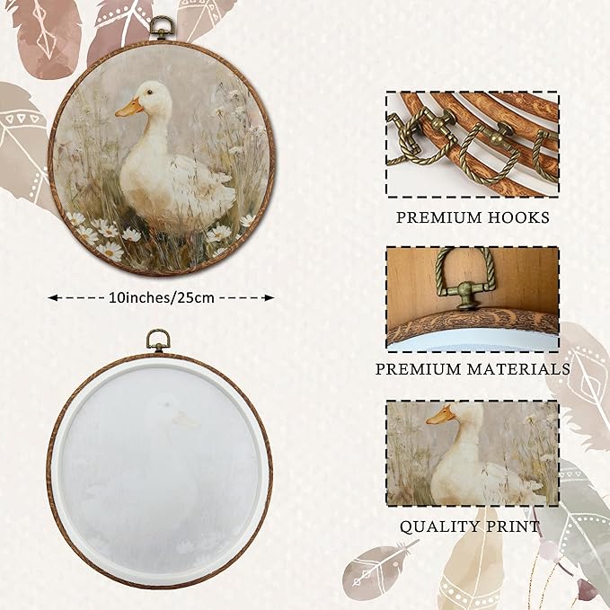 DEQSX Rustic Floral Goose Round Wall Art, Cottagecore Vintage Countryside Goose Framed Wall Decor, Cottagecore Flower Canvas Prints for Home Bedroom Living Room, 10x10 Inches