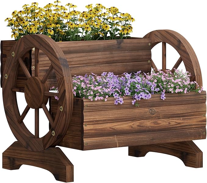 Garden Planter with Wheels, Wooden Wagon Box, Decorative Planter for Flowers Herbs Vegetables for Indoor & Outdoor Décor Flower Cart for Patio Garden Balcony (Carbonized)