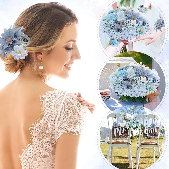 80 Pcs Assorted Fake Flower Heads Mini Artificial Flower Heads Bulk Silk Faux Daisy for Crafts Fake Peony Rose for Wedding Party Wreath Home Decoration(Blue)