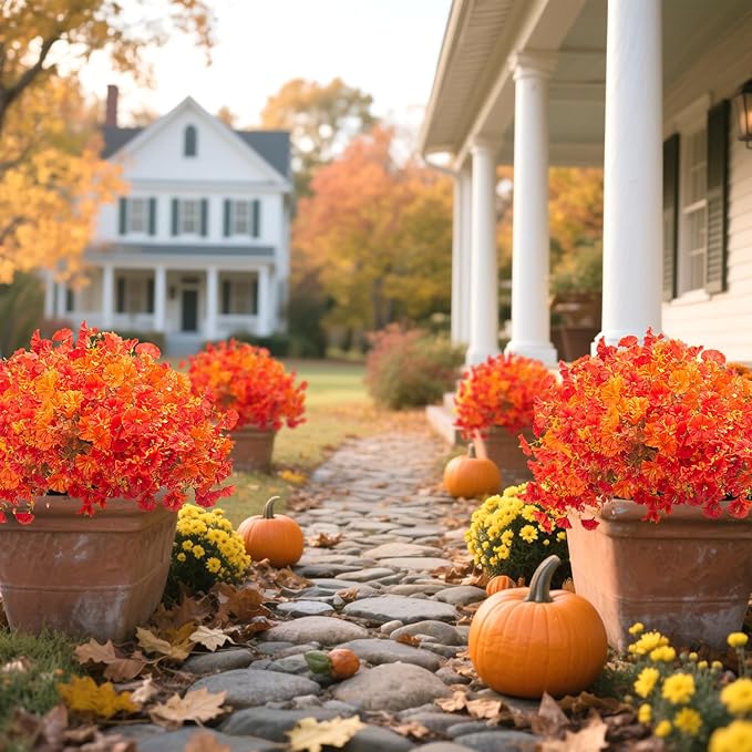 16 Bundles Artificial Fall Flowers No Fade Faux Autumn Plants, Fake Indoor Outdoor Greenery for Thanksgiving Table Centerpiece Christmas Wedding Party Home Garden Fireplace Décor