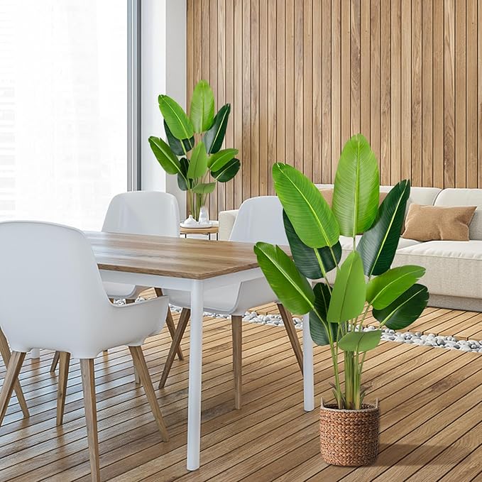Artificial Bird of Paradise Plant 5.2Ft Fake Tropical Palm Tree with 10Trunks Faux Banana Leaf Trees in Pot for Home Indoor Outdoor Office Modern Decor Housewarming Gift(2Pcs)