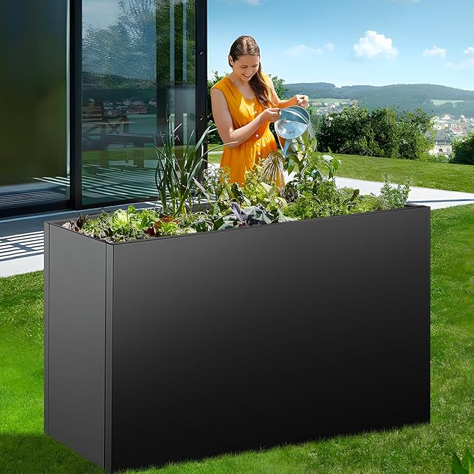 Metal Planter Box 40"x16"x24", Rectangular Steel Planter Box Frost Proof Rust Resistant Indoor&Outdoor, Heavy Duty Steel Planters for Commercial and Residential Use, Black