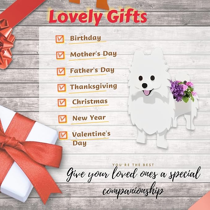 White Pomeranian Dog Planter Plant Pots,Cute Dog Flower Planter,Gifts for Pet Lovers,Unique Animal Plant Pots,Office,Indoor Outdoor Garden Decor(9.45 * 6.65 * 12.13in)