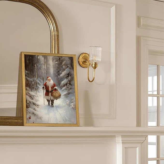 Christmas Wall Art, Vintage Santa Claus Wall Decor, Santa Claus Is Coming To Town Painting Artwork Canvas Prints, Country Winter Christmas Holiday Poster Pictures for Home Bedroom 8x10 Inch Framed
