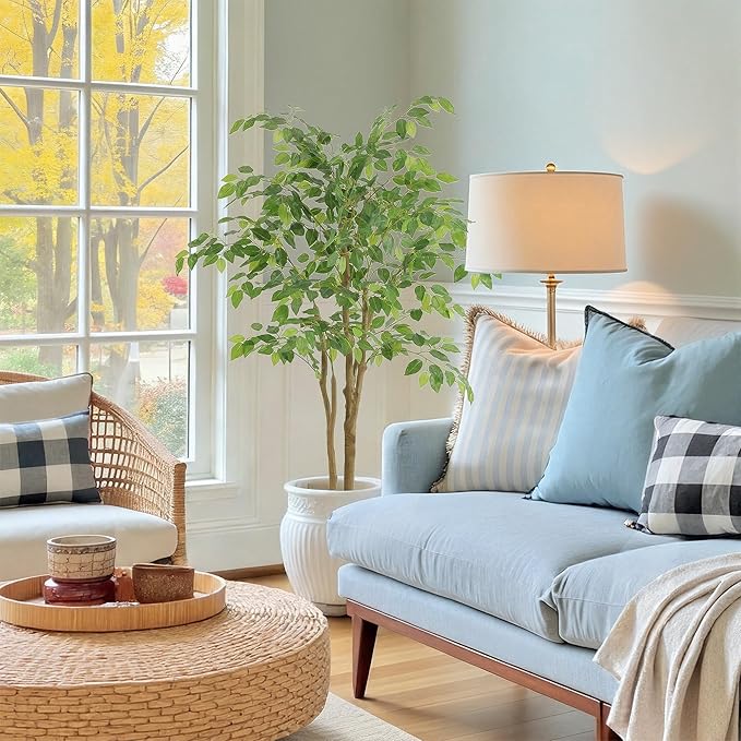 Tall UV Resistant Ficus Tree Artificial,4ft(48in) Faux Ficus Tree with Realistic Smooth and Shiny Leaves, Fake Trees Indoor Outdoor for Home Office Living Room Bedroom Foyer Porch Decor.