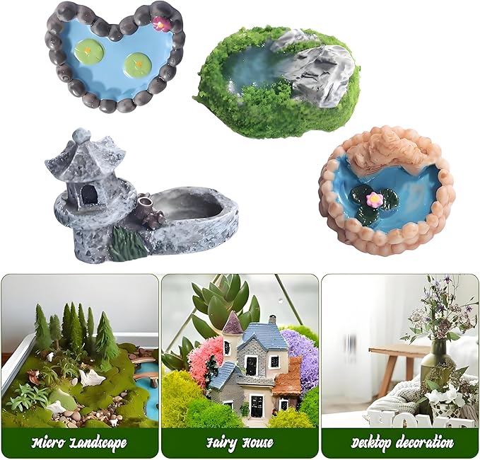 4 Pcs Miniature Pond Landscape Terrarium Decor – Vintage Micro Fairy Garden, Chinese Style Ornaments with Realistic Design for Dollhouse, Tabletop DIY Scene, Fish Tank, and Tiny Garden Figurines