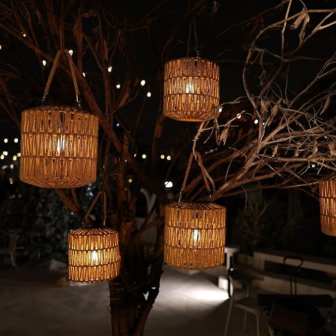 Cooo Large Solar Rope Lantern Outdoor Hanging – Handwoven Jute Rope Lantern with Warm Edison Bulb, IP65 Waterproof Solar Powered Garden Light for Porch Patio, Yard Christmas Decorations, 8.27” Tall