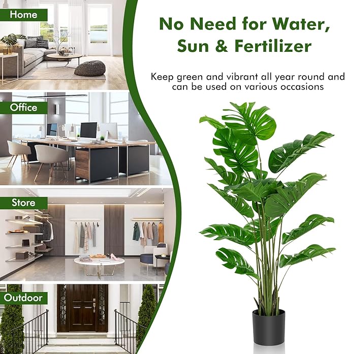 Goplus Artificial Monstera Deliciosa Plant, 5ft Tall Fake Tropical Palm Tree w/15 Pcs Different Turtle Leaves, Cement-Filled Plastic Pot, Faux Swiss Cheese Plant for Floor Home Office Decor