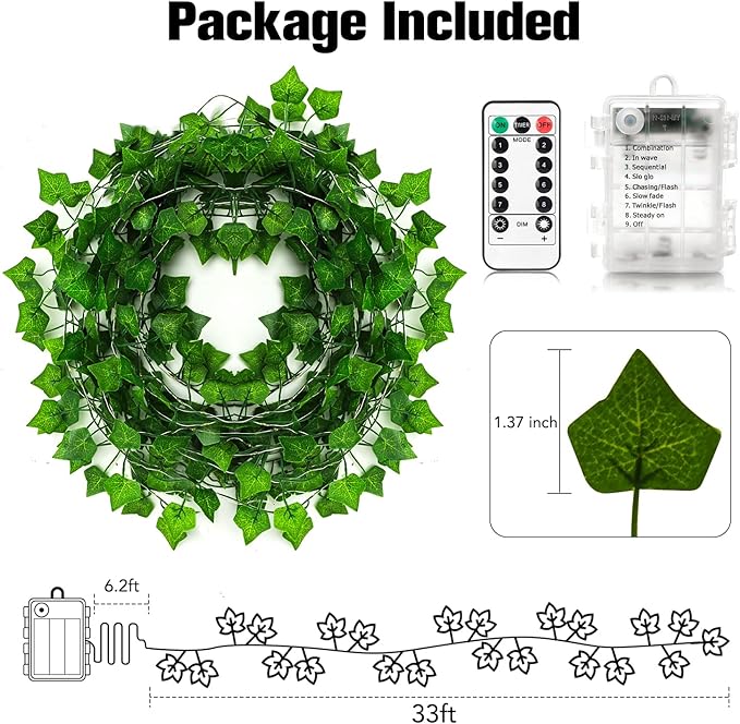 Metaku 33FT 100 LED Vine with Fairy Lights, Battery Operated Ivy String Lights with Remote, Warm White Leaf Lights for Bedroom, Room, Wall, Wedding, Garden, PartyDecor