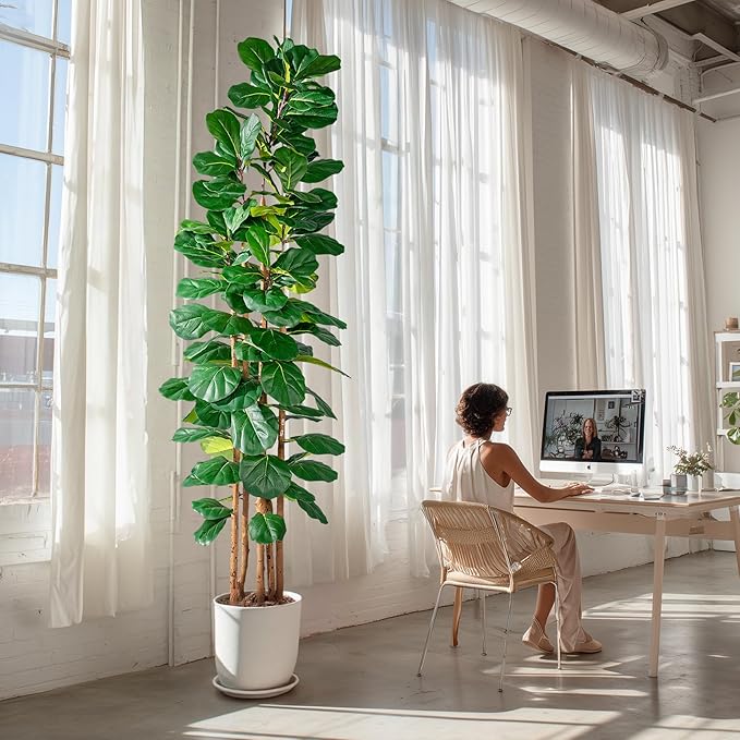 Large Fake Fiddle Leaf fig Trees Tall Artificial ficus Tree Indoor Outdoor Realistic Floor Plant Faux Plastic Plants Flowers for House Home Living Room Office Front Porch Modern Farmhouse Decor