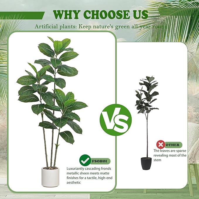 Ficus Tree Artificial Plants Indoor, 5FT Tall Fake Trees in White Pot, Large Potted Silk Floor Plant Artificial Trees, Green Lifelike Faux Ficus Tree for Home Room Office Porch Decor-Green