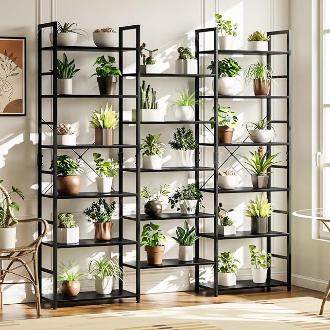 OTK Triple Wide 6 Tier Bookshelf, Rustic Industrial Style Bookcases with 14 Open Display Shelves, Wide Bookshelves for Bedroom, Living Room and Home Office, Black