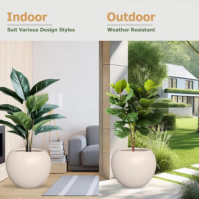 16βH x 20βD Globo Fiberstone Round Planter with Drainage Hole, Smooth Finishes, Weather Resistant for Indoor and Outdoor Use, Included 2 Extra Coco Mats (Kilim Beige, 13.5β Pot Opening)