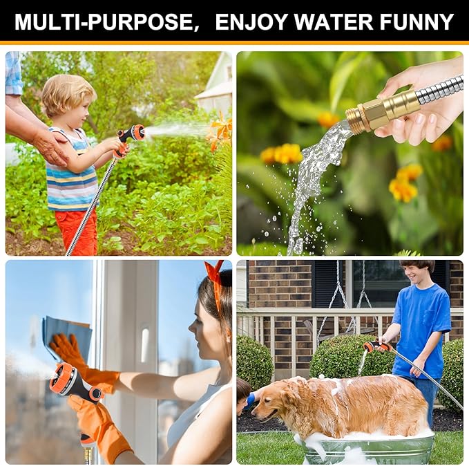 Metal Garden Hose 25ft Copper Bullet, Heavy Duty Stainless Steel Water Hose with 10 Function Sprayer Nozzle, Leaf-Proof Kink Free Lightweight for Outdoor,Yard,Lawn,Patio, Car