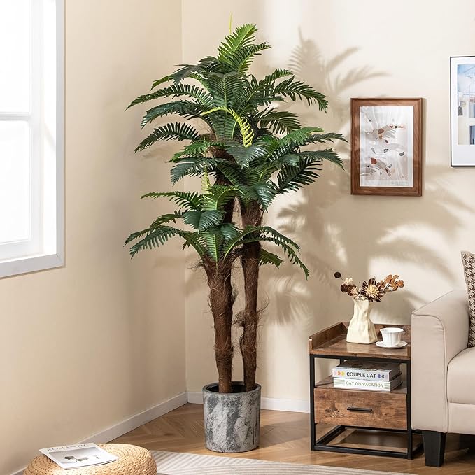 Goplus 2 Pack Artificial Palm Tree, 6.3 ft Tall Fake Tropical Plant with 45 + 3 Adjustable Leaves, 3 Real Barks & Moss, Indoor Faux Pre-potted Floor Plant for Home Office Decoration, Housewarming Gift