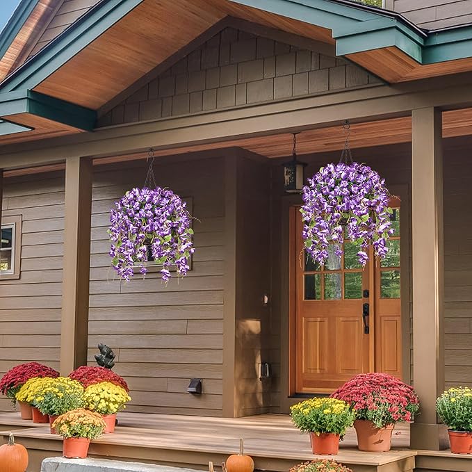 Artificial Fake Hanging Hibiscus Flowers Plants Baskets for Outdoor Decoration, Faux Silk Hibiscus Long Vines in Planter UV Resistant Realistic Flowers for Outside Porch Patio Home Decor, Darkpurple