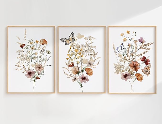 3Psc Watercolor Wildflower Framed Canvas Wall Art Vintage Botanical Flower Wall Decor Modern Minimalist Colorful Botanical Floral Poster Print Artwork for Girls Room Bedroom Office Decoration 12x16 Inch