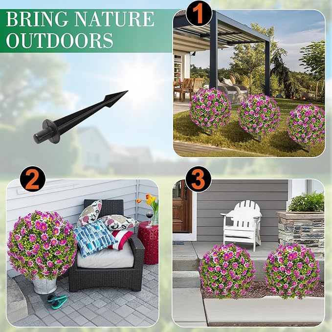 25" Artificial Boxwood Topiary Ball Trees with Purple Daisy, Fake Mums Plants with Ground Spike,Set of 2 UV Resistant Faux Bushes, Fake Shrubs for Garden, Patio, Porch, Yard, Indoor