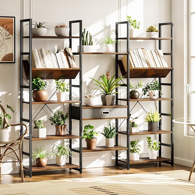 OTK Triple Wide 5 Tier Bookshelf, Adjustable Bookcases with 14 Open Display Shelves, Rustic Industrial Style Bookshelves for Bedroom, Living Room and Home Office, Rustic Brown