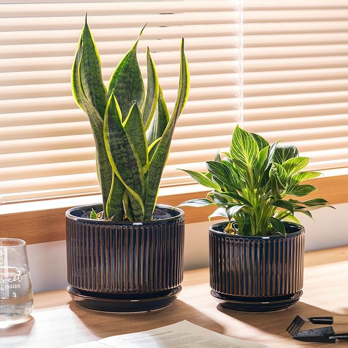 Navy Blue Ceramic Plant Pots Set of 3, 4.3+5.5+6.7 Inch Indoor Flower Pots with Drainage Hole & Saucer & Hole Mesh Pads, Striped Decorative Planter Set for Indoor Plants, Gardening Pots & Accessories