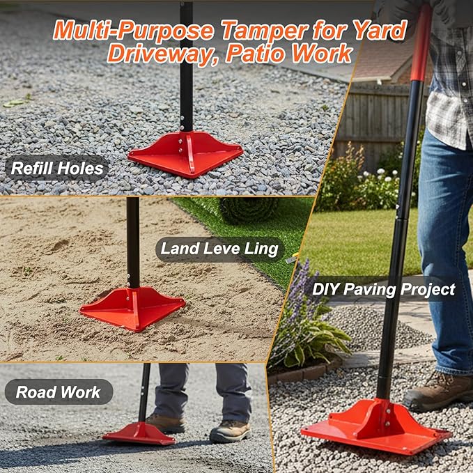 8" x 8" Steel Tamper Tool, 48" Long Handle Heavy Duty Hand Compactor for Soil, Gravel, Dirt & Asphalt, Ergonomic Ground Leveler for Pavers, Driveway Repair, Lawn & DIY Landscaping