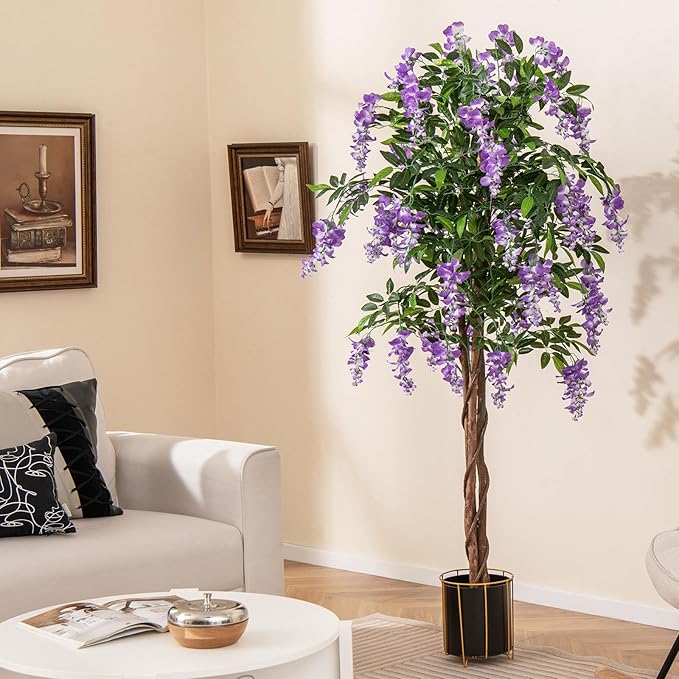 Goplus 5.5FT Ficus Artificial Tree, 2 Pack Faux Wisteria Tree in Nursery Pot with Blooming Flowers, Fake Potted Tree Greenery Floor Plant for Indoor Home Office Porch Living Room Decor