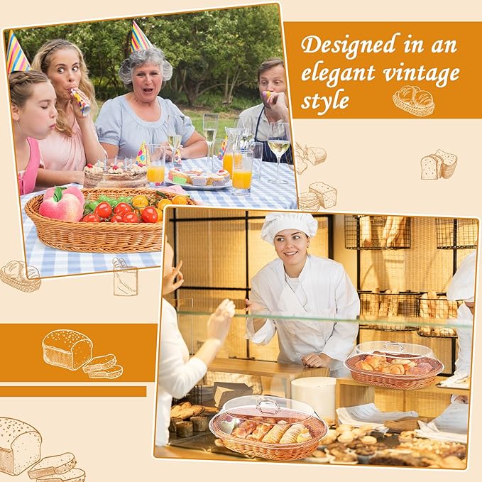 Hushee 2 Set Imitation Rattan Bread Basket with Lid Wicker Bread Baskets for Serving Woven Fruit Basket with Cover Oval Food Baskets for Food Vegetables Display(13.78 x 9.84 Inch, 15.75 x 11.81 Inch)