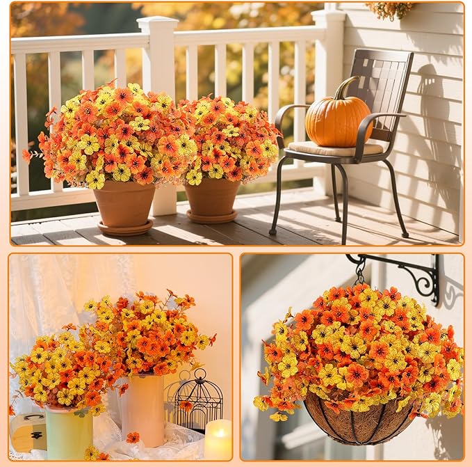20 Bundles Artificial Fake Mums Flowers for Outdoor Faux Silk Orange Yellow Daisy Realistic UV Resistant No Fade Fake Plants Flowers for Planter Porch Patio Indoor Thanksgiving Decor