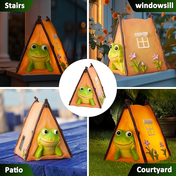 Solar Frog Garden Statues Outdoor Decor, Resin Outdoor Tent Statues with Solar Light , Yard Decorations Outdoor for Patio, Porch, Balcony, Lawn Ornaments, Housewarming Birthday Gifts for Mom Women