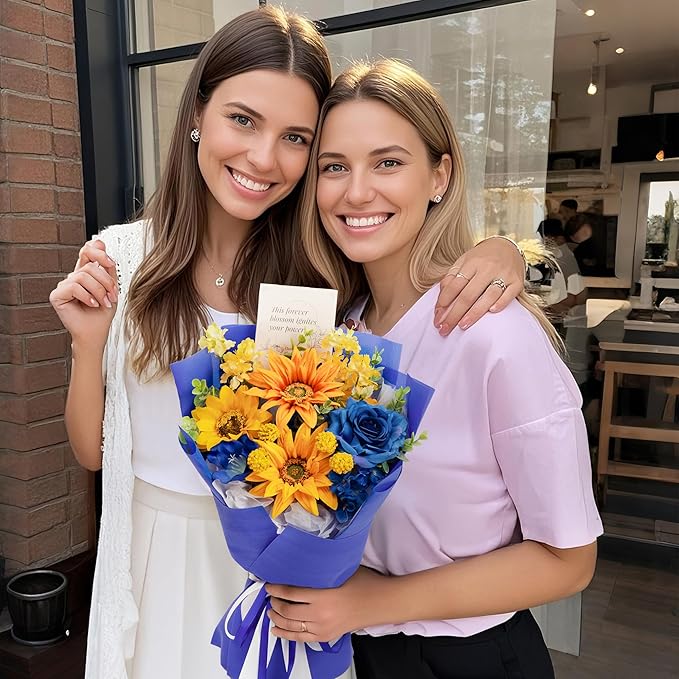 TINGE TIME Aritifical Flowers Bouquet, Sunflower&RoyalBlue Roses Gift Bouquet, Birthday Gifts for Women, Eternal Roses Bouquet for Grandma Wife Anniversary Graduation