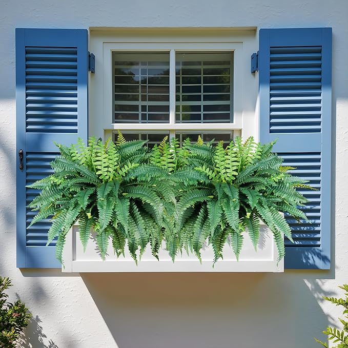 Fake Ferns Artificial Ferns for Outdoors Large Faux Ferns UV Resistance for outdoor Large Planter 25.6In Realistic Artificial Boston Fern Plants for Garden Balcony Terrace Decor,4Pack,60Leaves