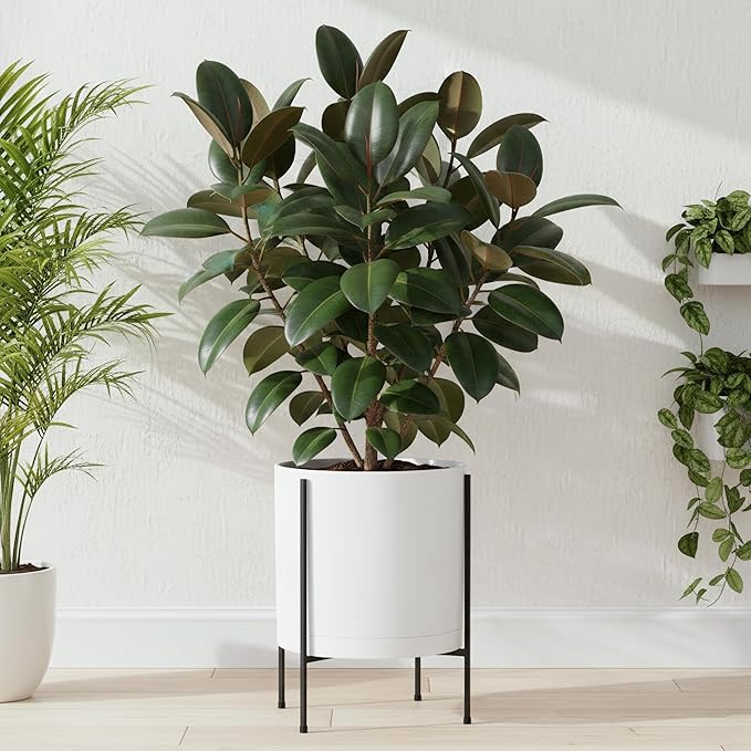 D'vine Dev 14 Inch White Planter Pot with Stand – Modern Plastic Cylinder Flower Pot with Heavy-Duty Metal Stand for Indoor Plants, 55-D-A-4