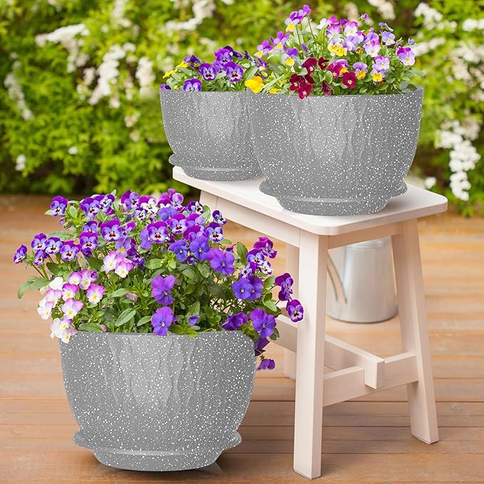 12/10/9 Inch Planter Pots, 3-Pack Large Flower Pots for Indoor Outdoor Garden Plants, Big Plant Pots with Multi Mesh Drainage Holes and Saucer (Speckled Grey, 12"+10"+9")