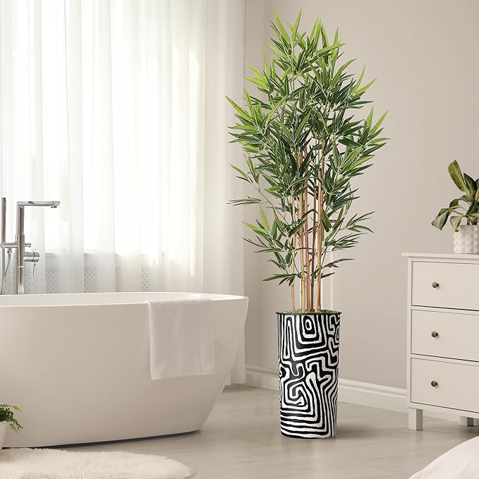 Artificial Tree in Modern Geometric Pattern Planter, Fake Bamboo Silk TRE for Indoor and Outdoor Home Decoration - 70" Overall Tall (Plant Pot Plus Tree)