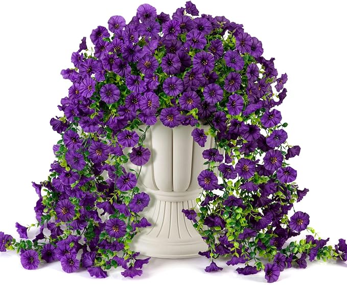 Artificial Hanging Flowers for Outdoor, 2 PCS Silk Morning Glory Faux Flowers with Eucalyptus Leaves,Realistic Hanging Plants for Wedding Home Office Garden Decor