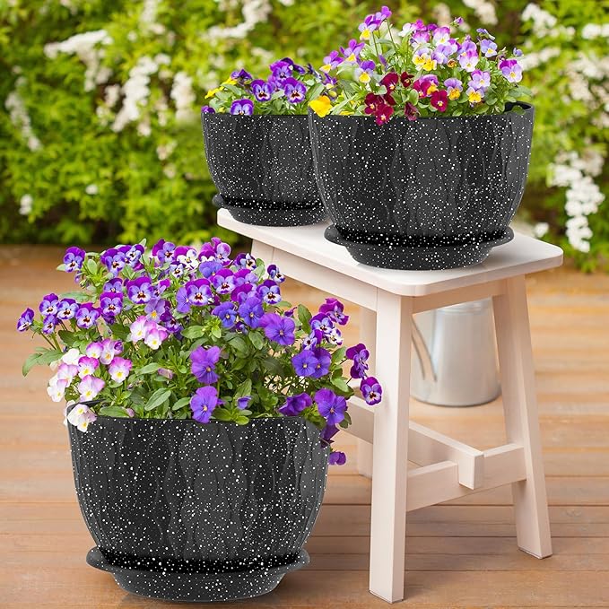 12/10/9 Inch Planter Pots, 3-Pack Large Flower Pots for Indoor Outdoor Garden Plants, Big Plant Pots with Multi Mesh Drainage Holes and Saucer (Speckled Black, 12"+10"+9")