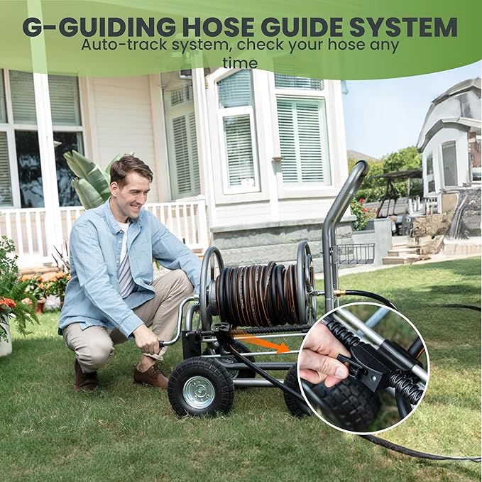 Giraffe Tools Heavy Duty Garden Hose Reel Cart with Wheels - Industrial Outdoor Hose Storage Reel, Pre-Installed Guide for 250-Feet of 5/8" Hose Capacity