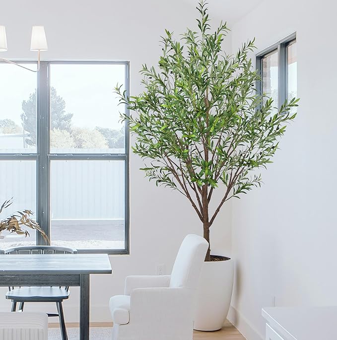 Artificial Olive Tree 8FT with 2253 Leaves Realistic Tall Large Faux Silk Deluxe Plant 96 Inch Black Pot for Indoor Home Office Porch Mall School Hotel Modern Decor Housewarming Gift