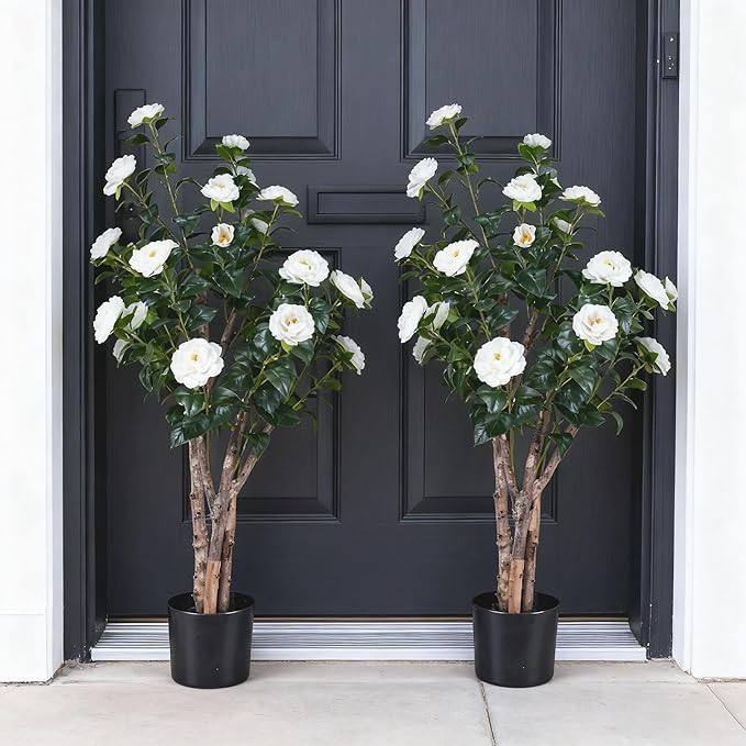 4ft Decorative Artificial Camellia Tree with White Flowers, Potted Faux Floral Plant, Realistic Blooming Fake Plants for Indoor Outdoor Home Front Door Planter Decor