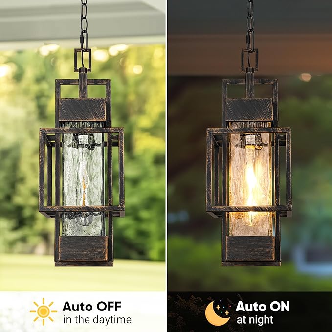 15" Outdoor Indoor Pendant Light Exterior Hanging Lantern, Modern Black Metal Outside Chandelier Light Fixture Ceiling Mount with Water Glass for Front Porch Entrance Foyer Entryway, Black Brush Gold