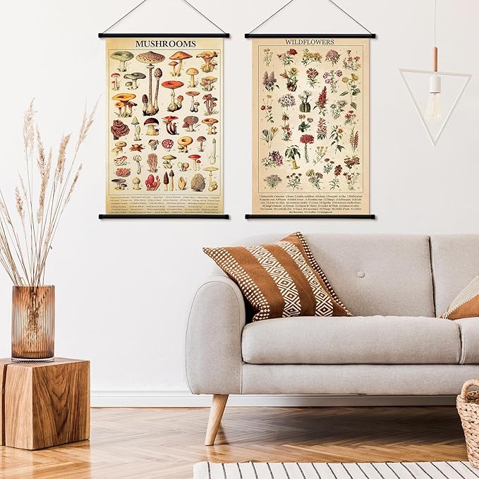 Geosar 2 Pcs Vintage Mushroom Flower Butterfly Tree Poster Fungus Rustic Wall Hanging Illustrative Reference Chart Poster for Bedroom Living Room, 15.7 x 23.6 Inch(Mushroom,Flower)