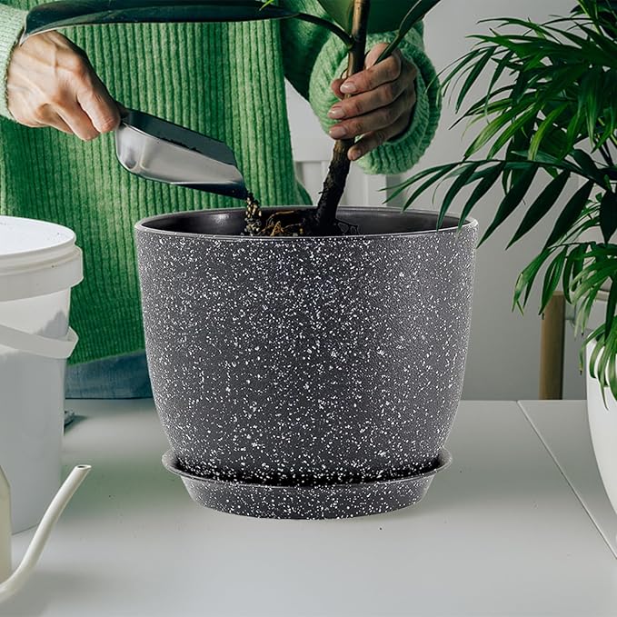 Flower Pots 12 Inch Set of 2, Plant Pots Pots for Indoor Plants, Planters for Outdoor Plants 12 Inch Pots for Plants with Drainage and Saucers, Speckled Black