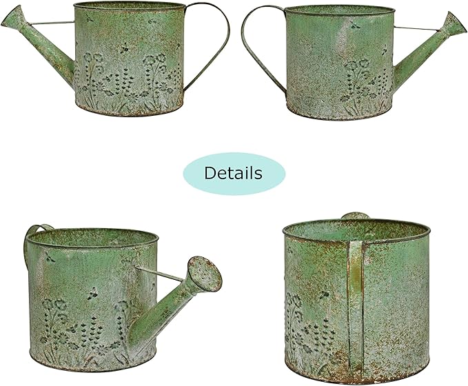 Vintage Metal Watering Can with Floral Embossed Design Garden Distressed Green Decorative Watering Pot Planter Rustic Farmhouse Waterer for Home Indoor Outdoor Garden Balcony Courtyard (Green)